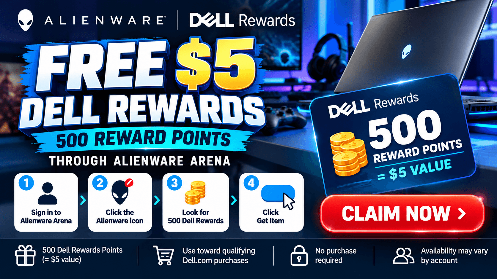 Free $5 Dell Rewards via Alienware Arena – 500 Points