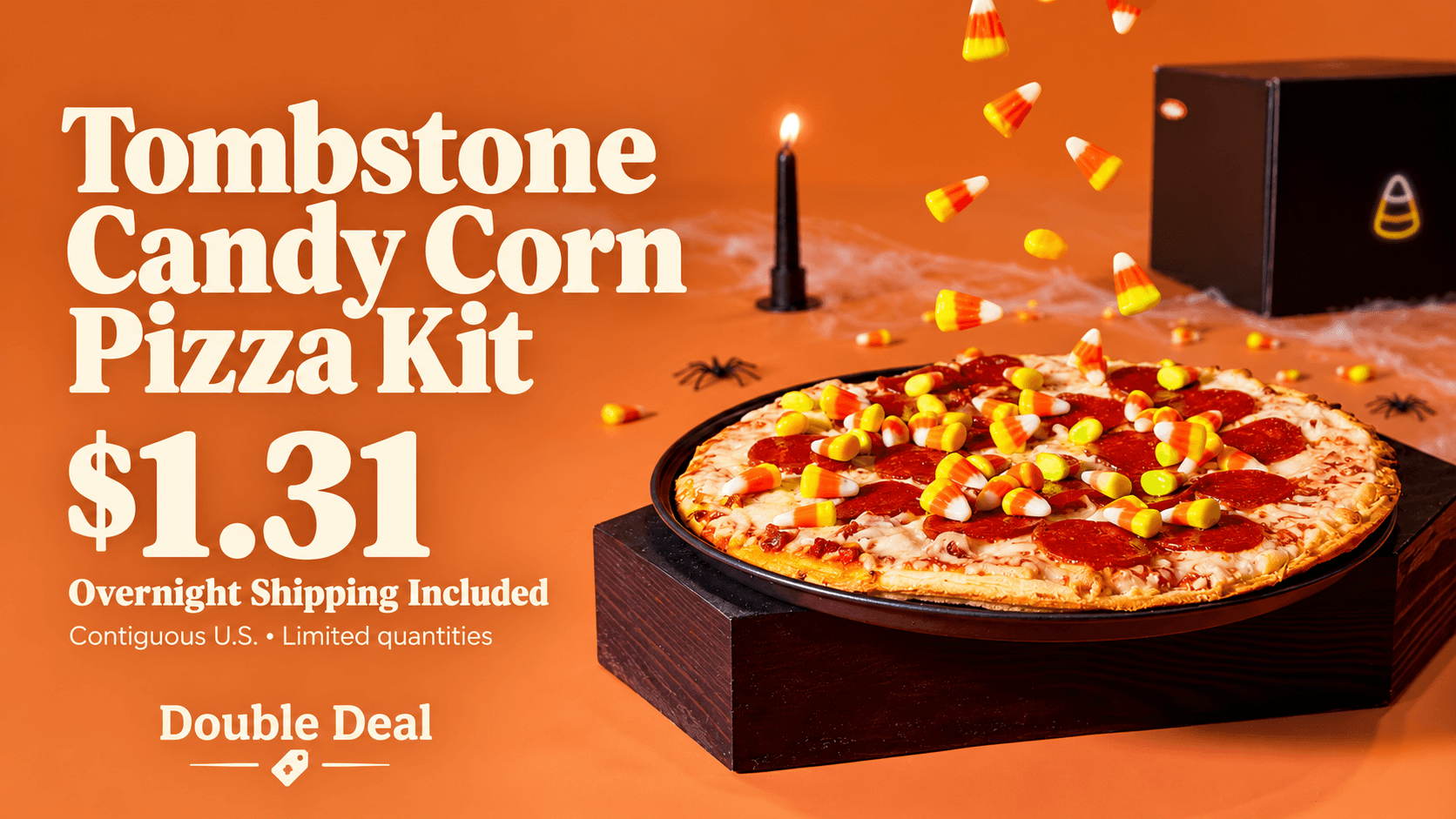 Pepperoni pizza topped with candy corn beside the Tombstone kit price of $1.31 and overnight shipping details.