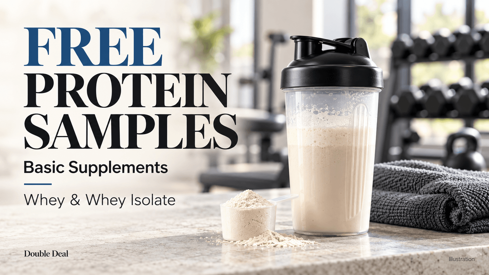Illustration of a protein shaker, powder scoop and towel for the Basic Supplements free sample offer.