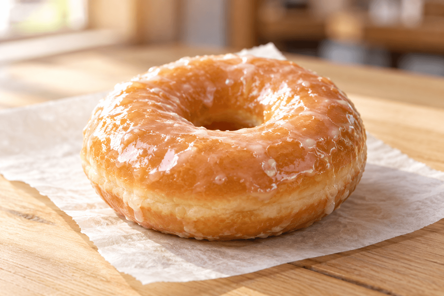 Glazed ring donut on white bakery parchment on a wooden counter