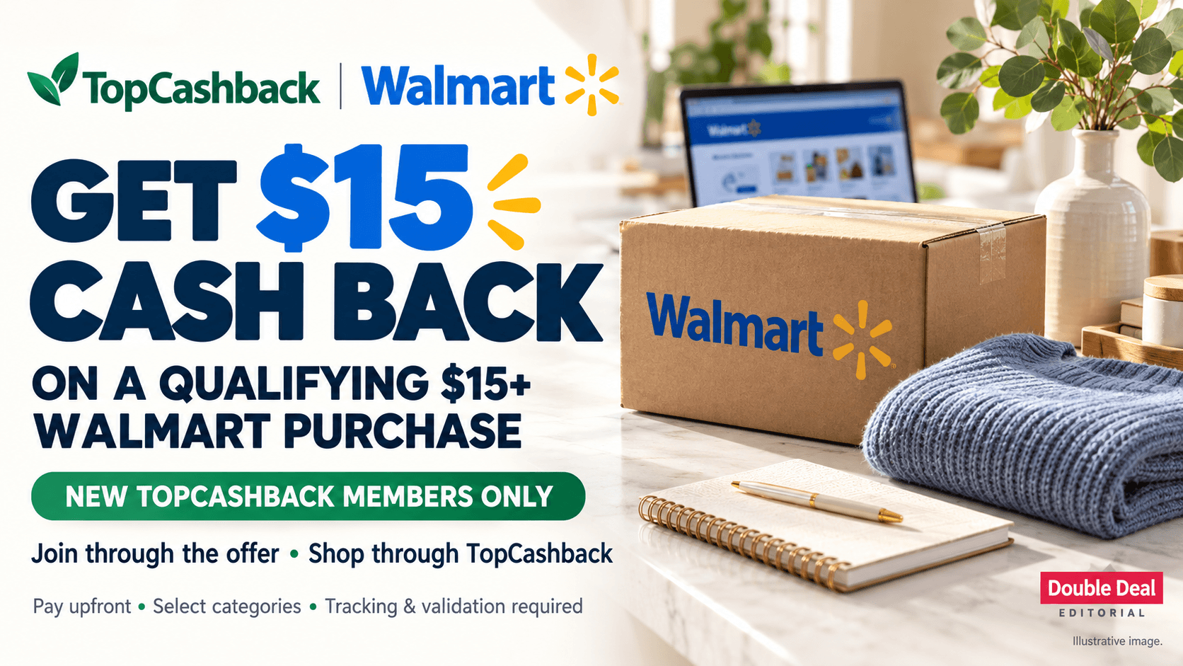 TopCashback Walmart offer graphic showing a shopping parcel, sweater and notebook, advertising $15 cashback on a qualifying $15 purchase for new members.