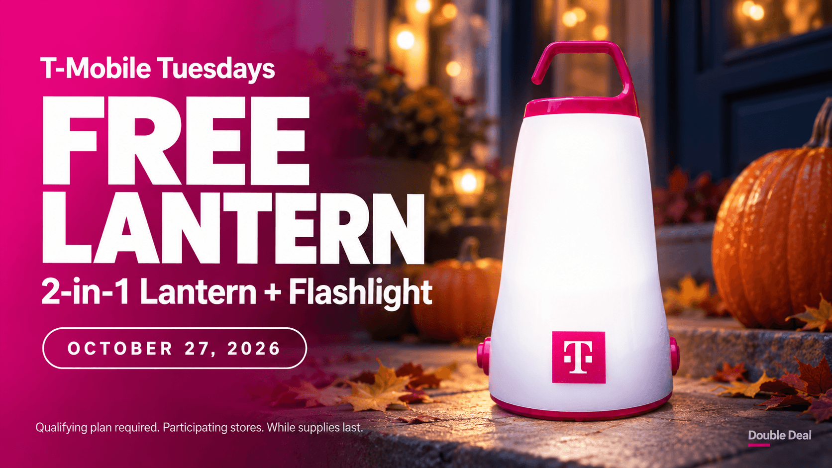 T-Mobile magenta-and-white lantern glowing beside pumpkins, promoting the October 27, 2026 free lantern offer for eligible customers while supplies last.