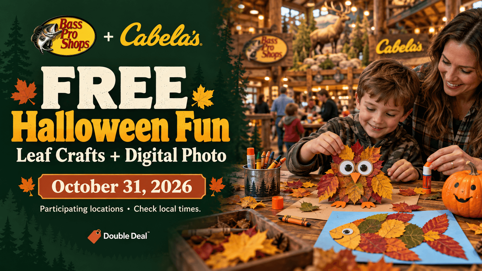 Illustration of a parent and child making autumn leaf crafts, promoting free Halloween crafts and a digital photo at participating Bass Pro Shops and Cabela’s on October 31, 2026.